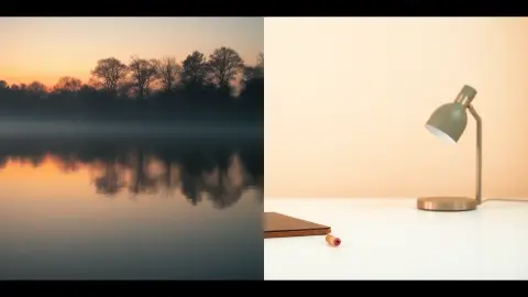Still pond beside a tidy desk representing calm and focus