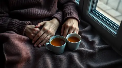 Younger and older hands resting together on a blanket beside a cup of tea