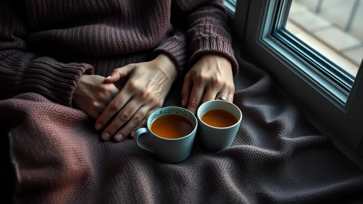 Younger and older hands resting together on a blanket beside a cup of tea