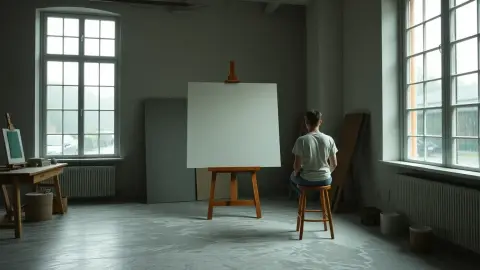 Artist sitting in a studio facing a blank canvas and a rainy window