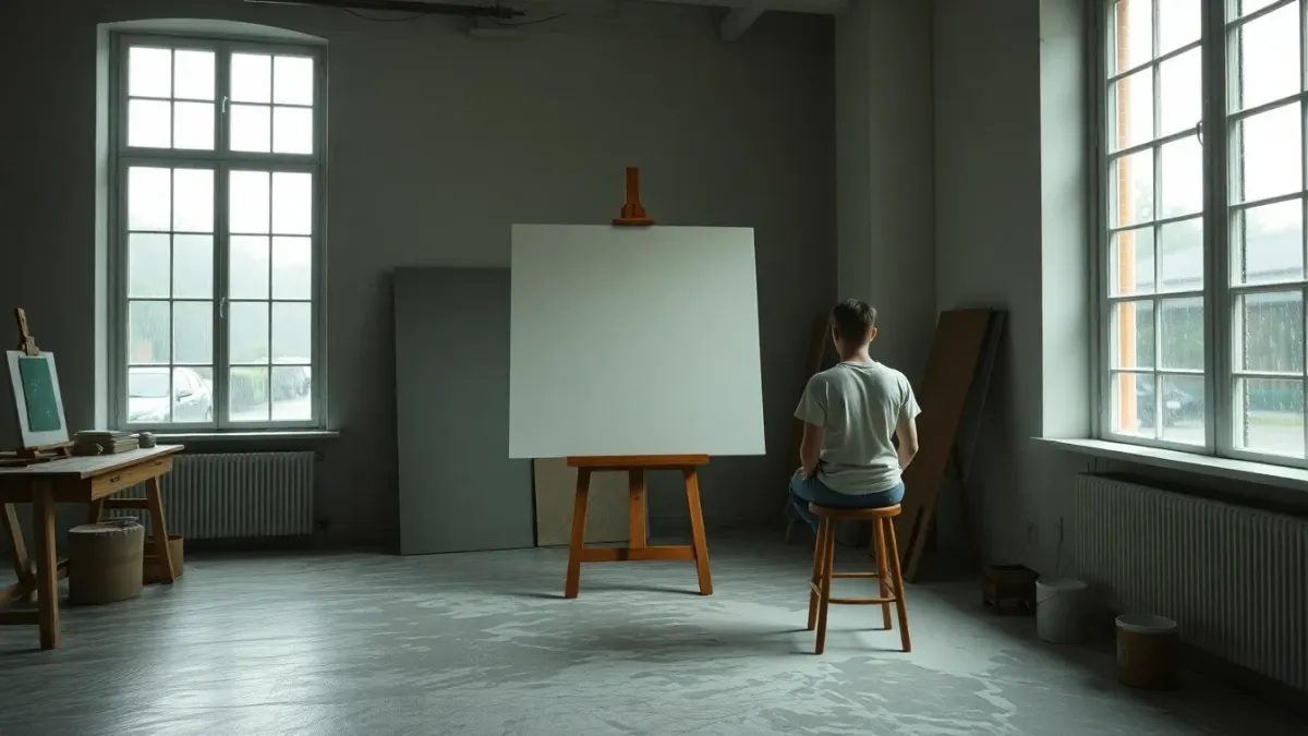 Artist sitting in a studio facing a blank canvas and a rainy window
