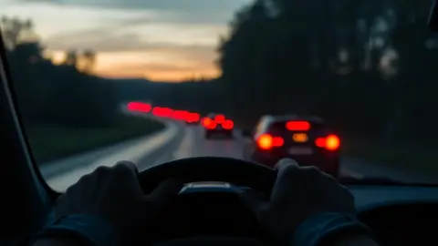 Red tail lights in evening traffic seen through a car windshield