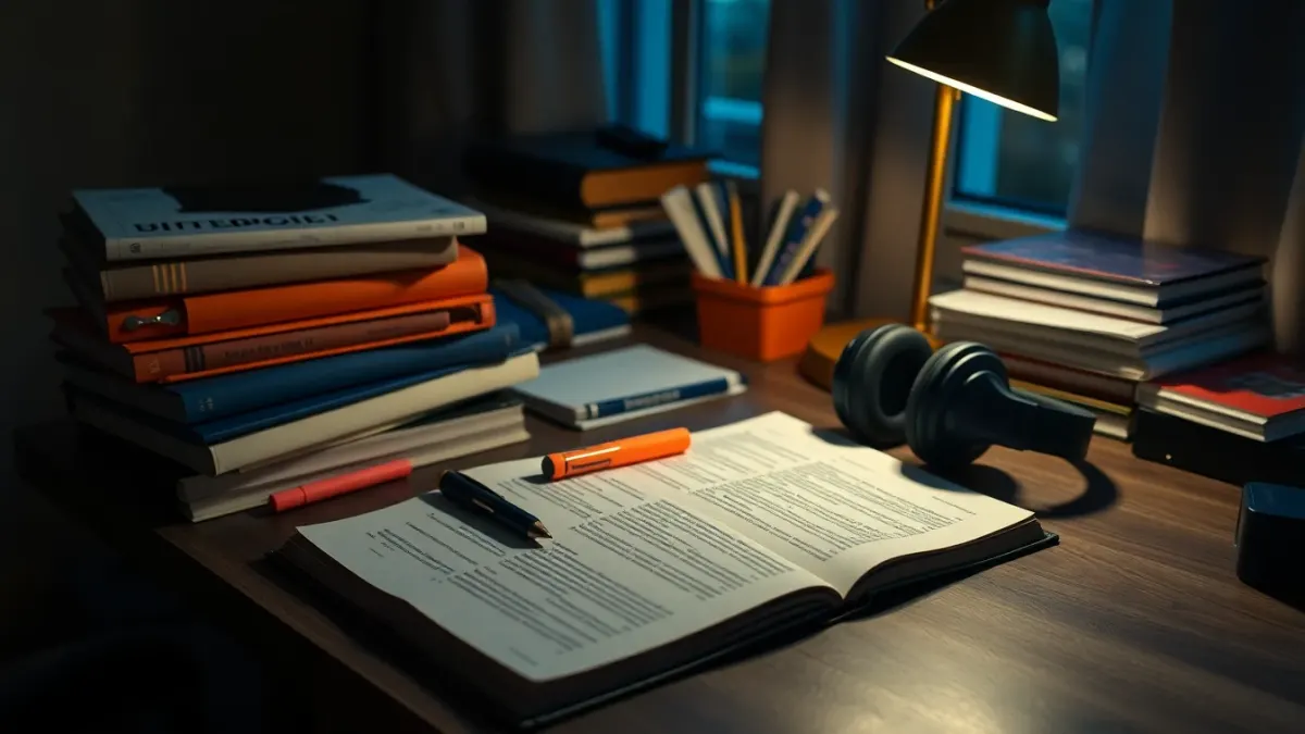 Student desk with notebooks, lamp and headphones during exam season