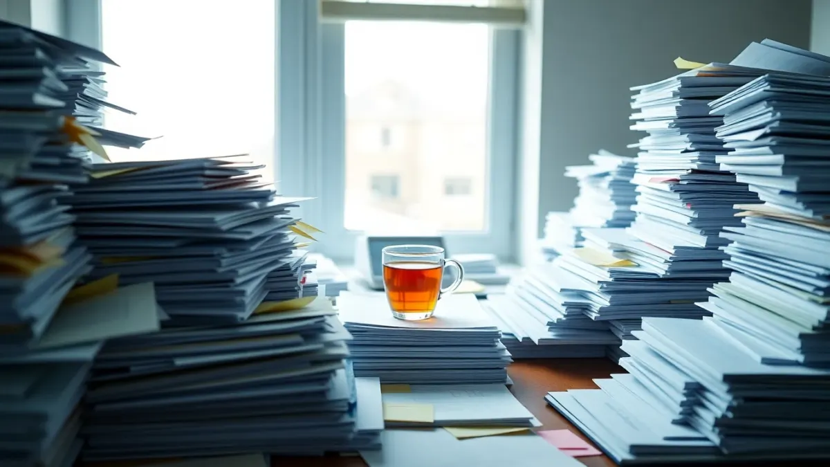 Cluttered desk with one cleared spot holding a cup of tea