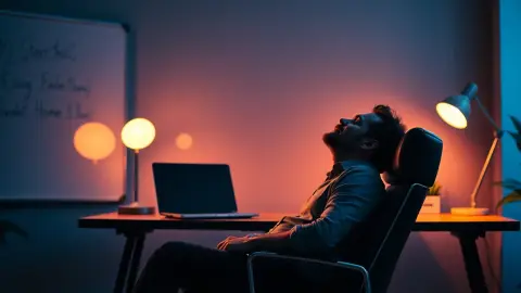 Founder leaning back in a chair with closed eyes at a late-night desk