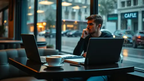 Freelancer with laptop and coffee looking out of a rainy cafe window