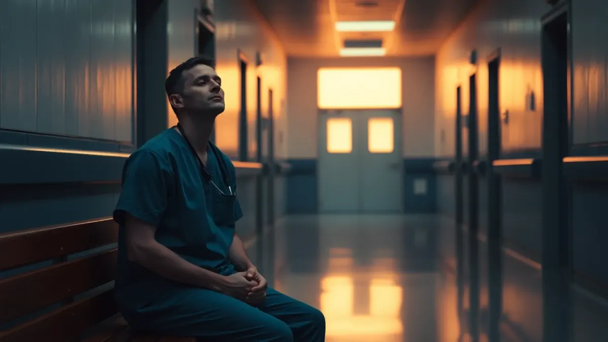 Healthcare worker in scrubs resting quietly on a bench in a corridor