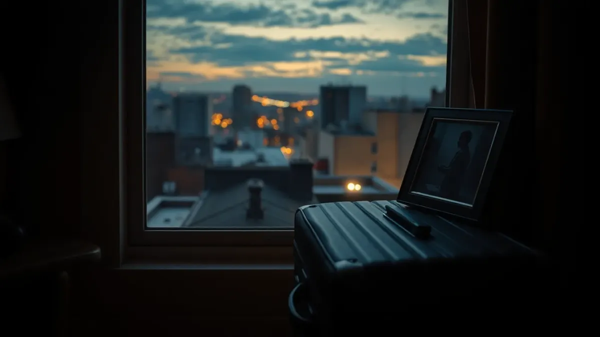 Suitcase and mug by a window overlooking unfamiliar rooftops at dusk
