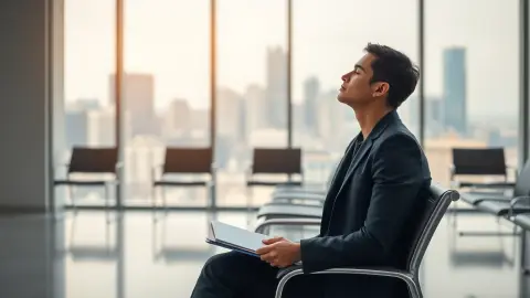 Job candidate breathing calmly in an office waiting room