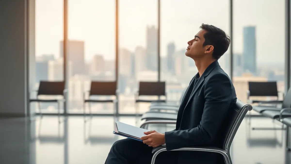 Job candidate breathing calmly in an office waiting room