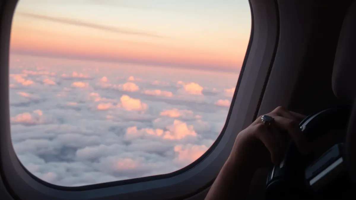 Airplane window view at dusk with a hand resting on the armrest