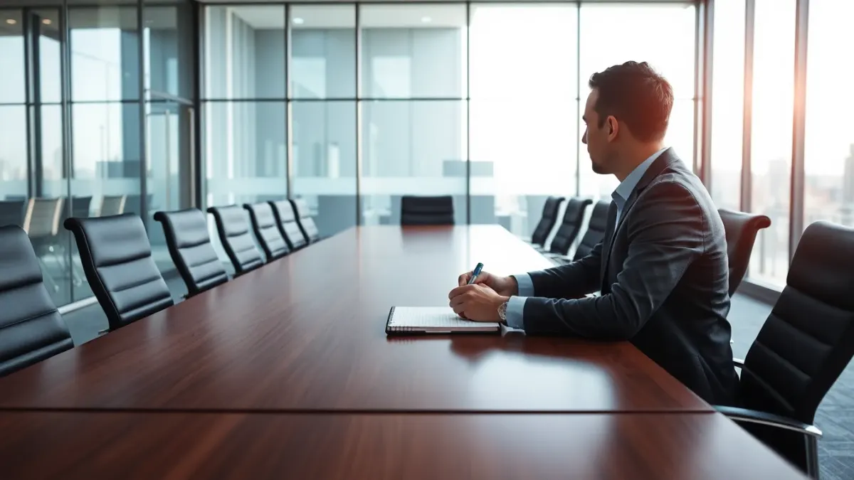 New manager sitting calmly alone in a glass meeting room before a meeting