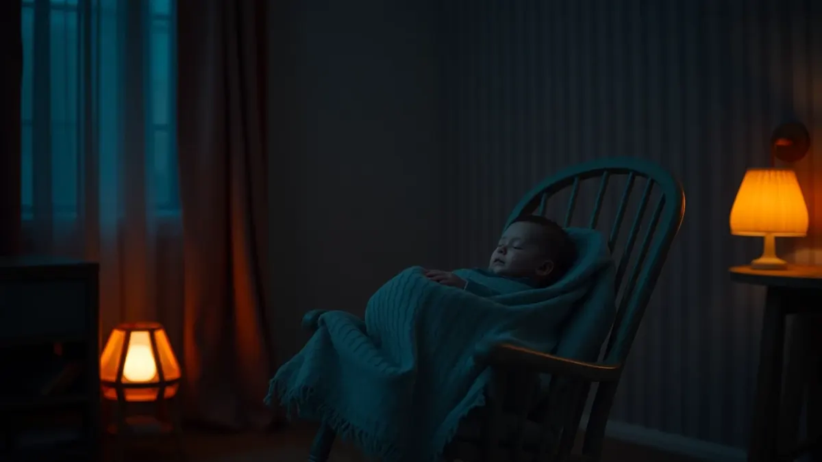 Parent in a rocking chair holding a sleeping baby by a soft nightlight