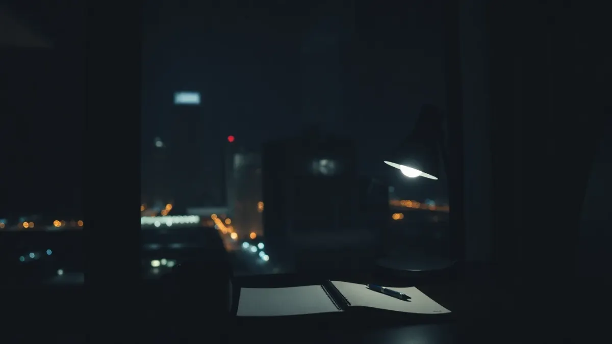 Desk lamp glowing in a dark apartment at night with city lights outside