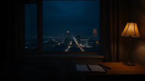 Nightstand lamp, notebook and pen by a window at night
