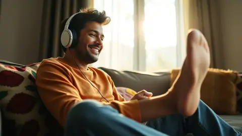 Fidgety person on a sofa with headphones on and a bouncing knee