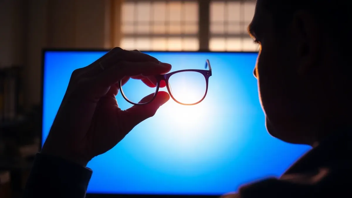 Desk worker taking off glasses in front of a glowing monitor at dusk