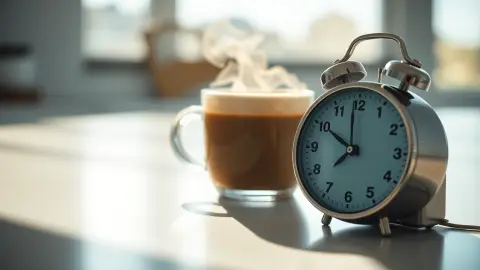 Kitchen timer and coffee cup on a bright counter