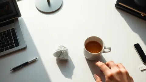 Tidy desk with one crumpled paper ball and a cup of tea