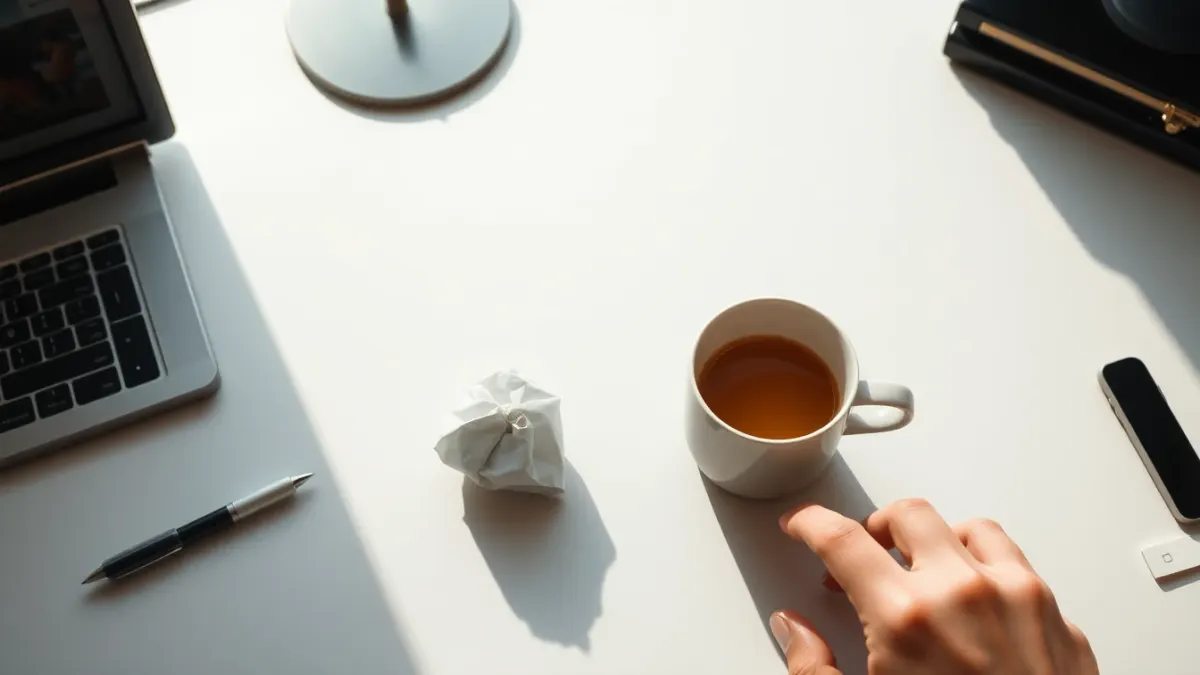 Tidy desk with one crumpled paper ball and a cup of tea