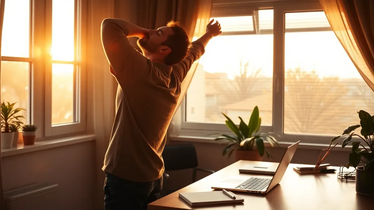 Person pausing to breathe in a bright home office