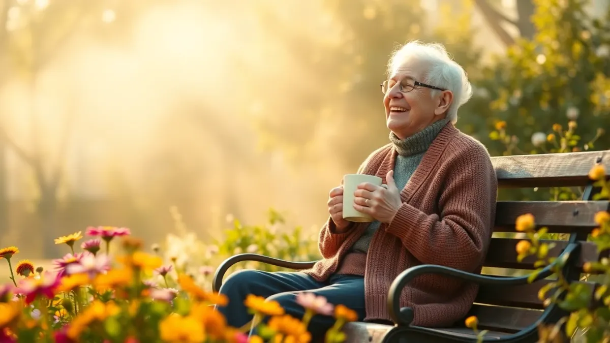 Older person sitting peacefully on a garden bench with a mug in morning light