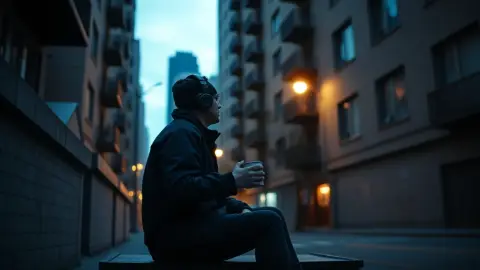 Shift worker sitting on steps at dawn with headphones after a night shift