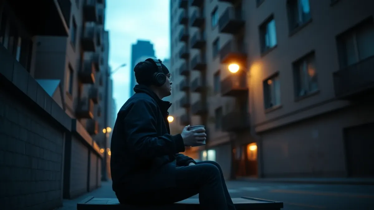 Shift worker sitting on steps at dawn with headphones after a night shift