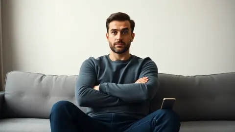 Skeptical person with folded arms sitting beside a smartphone