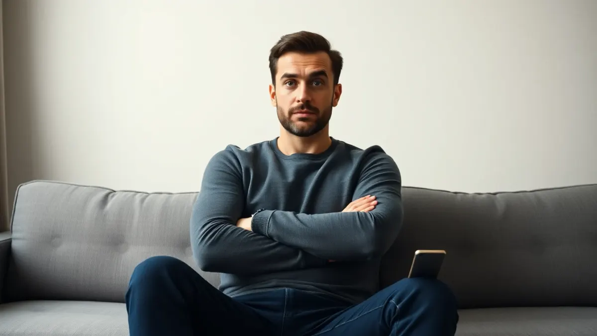 Skeptical person with folded arms sitting beside a smartphone