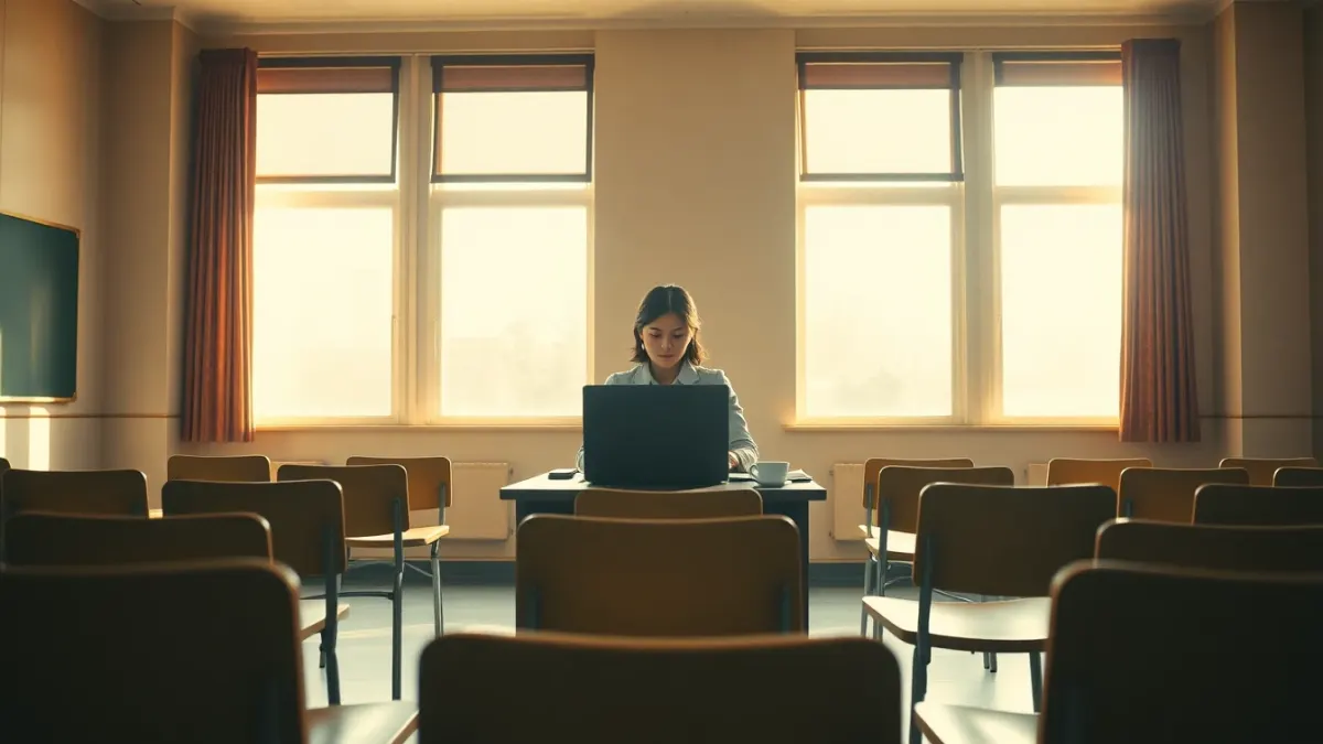 Teacher sitting quietly in an empty classroom at the end of the day