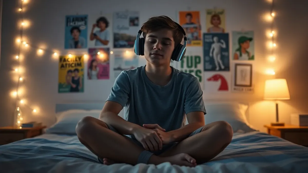 Teenager sitting on a bed with headphones on and eyes closed