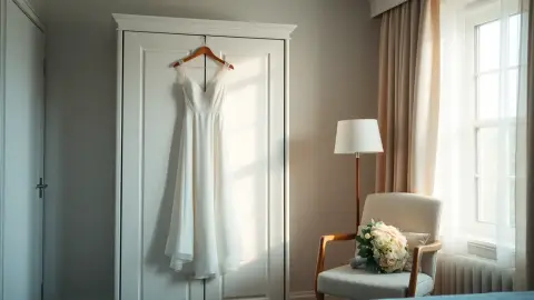 Wedding outfit hanging in a bright bedroom with a bouquet on a chair