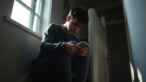 Student sitting on a staircase with a phone resting face down on their knee