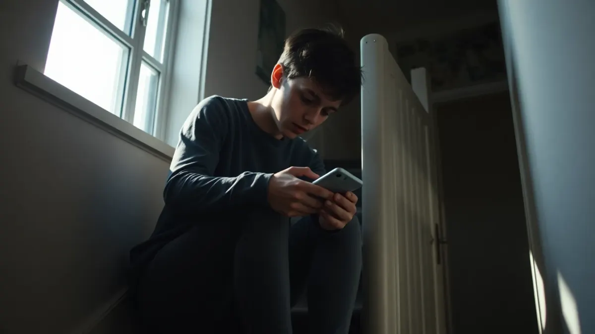 Student sitting on a staircase with a phone resting face down on their knee