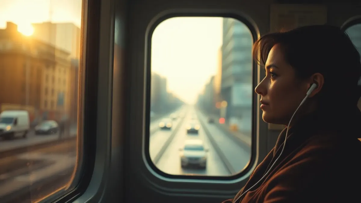 Commuter seated by a train window wearing earbuds in morning light