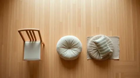 Chair, cushion and mat side by side showing different meditation postures