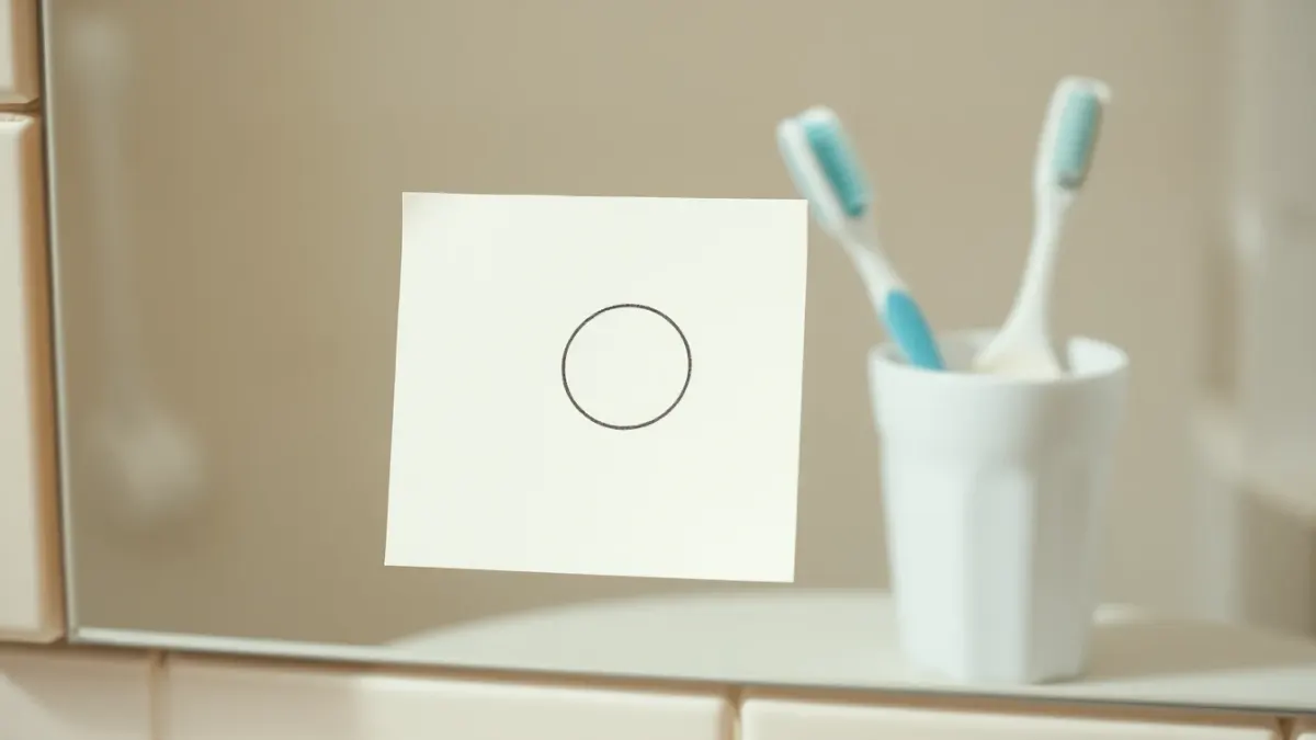 Small sticky note on a bathroom mirror above a toothbrush cup