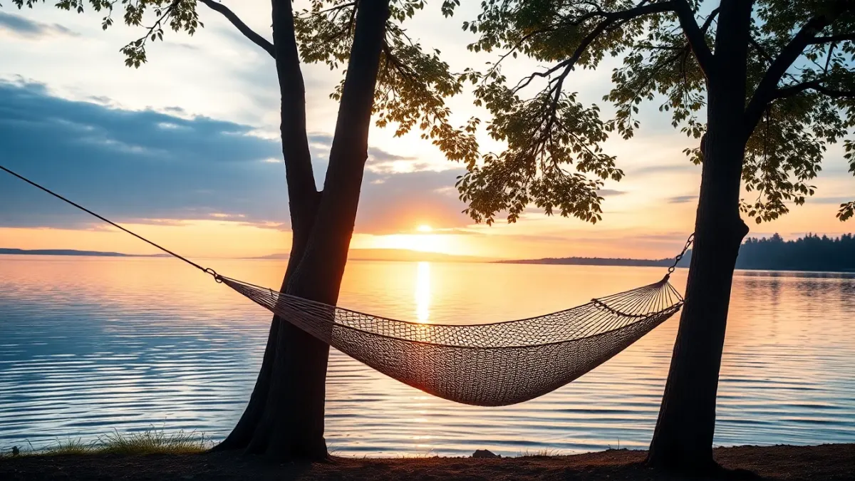Empty hammock by a calm lake at golden hour
