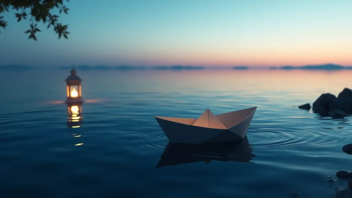 Paper boat on calm water drifting back toward a small lantern