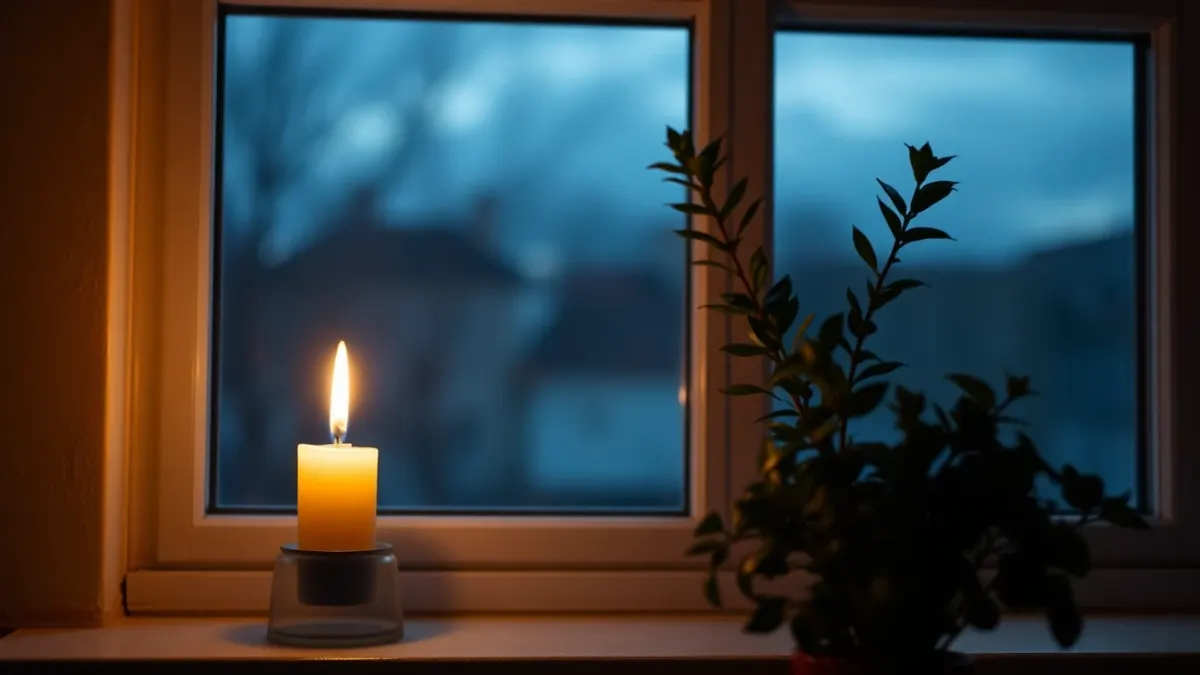 Single candle on a windowsill at dusk beside a small plant