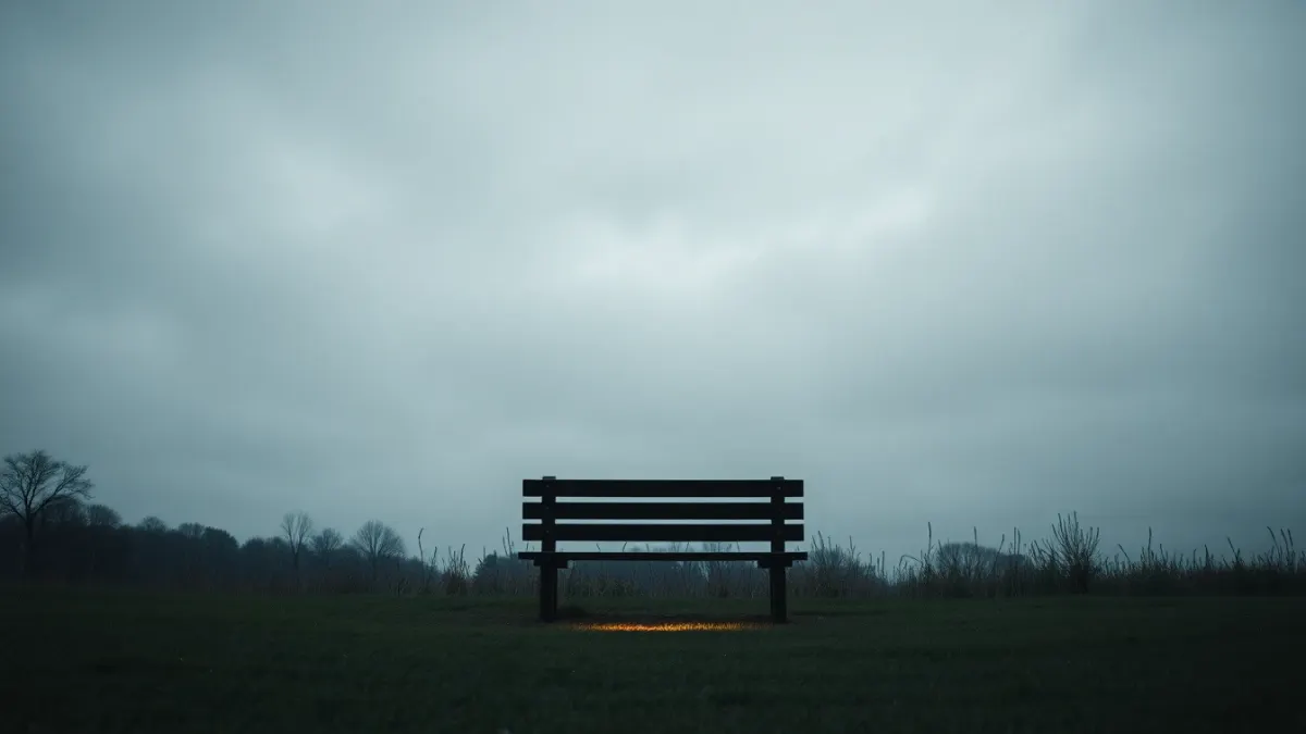 Empty park bench under an overcast sky with a patch of warm light
