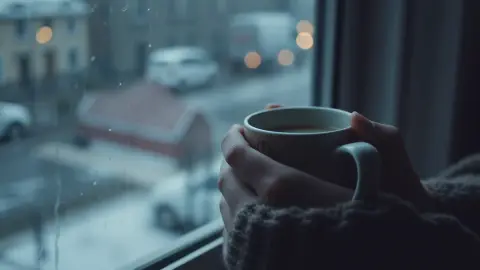 Hands holding a warm cup by a rainy window