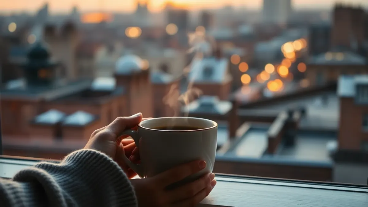 Hands wrapped around a steaming coffee cup at sunrise by a window