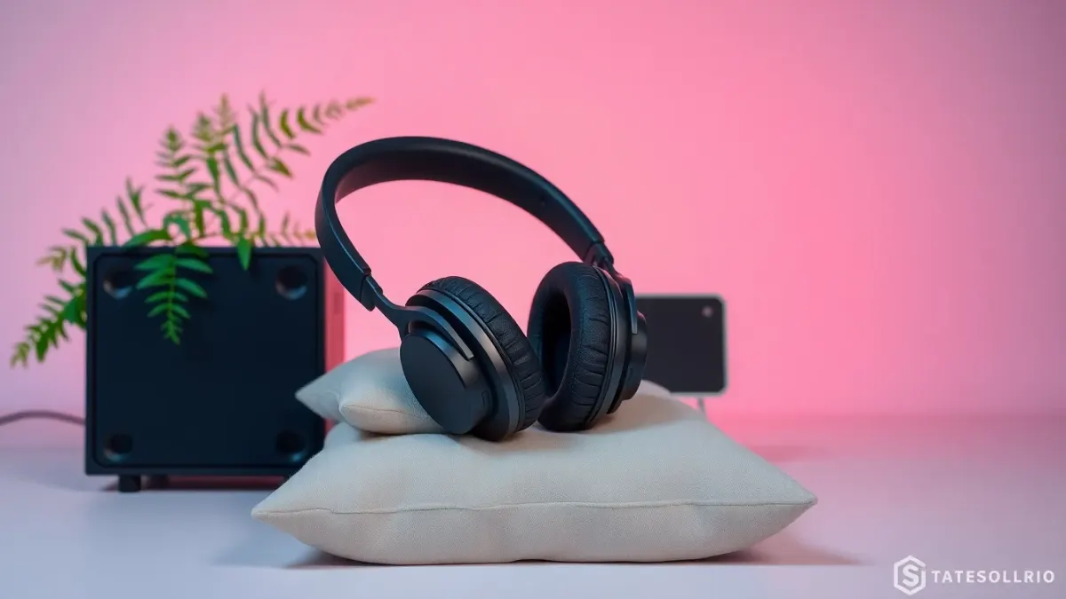 Headphones on cushions beside a plant, representing choosing audio for meditation