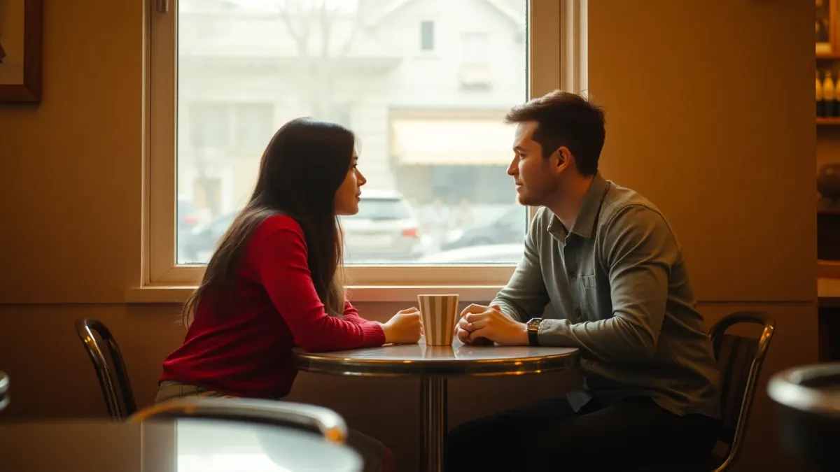 Two friends at a cafe table, one leaning in to listen closely