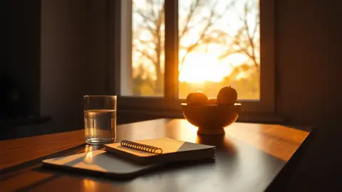 Morning light on a kitchen table with water, notebook and fruit