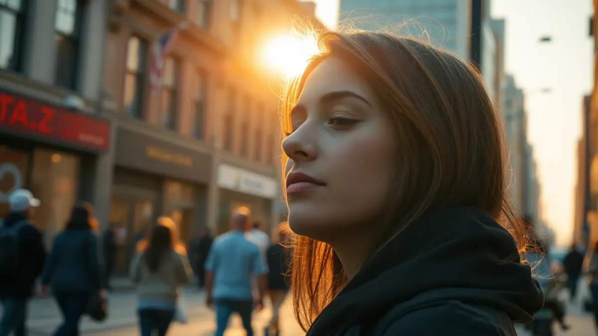 Person standing still on a busy street taking a mindful pause