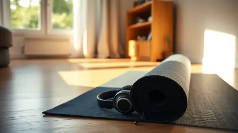 Rolled-out mat and headphones in a sunny corner, ready to restart meditating