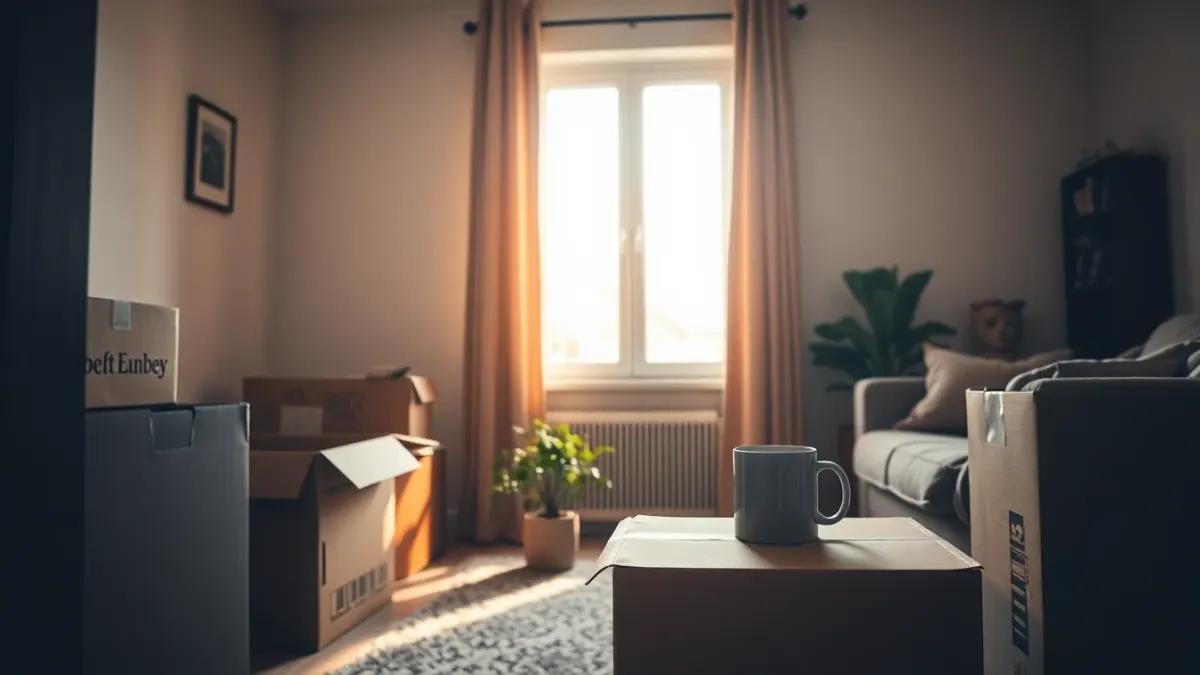 Half-unpacked living room with cardboard boxes and warm afternoon light